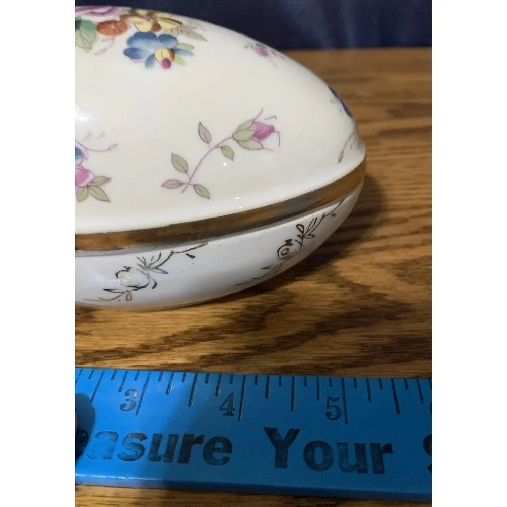 Vintage Egg Shaped Porcelain Trinket Box Japan Easter Floral Vanity